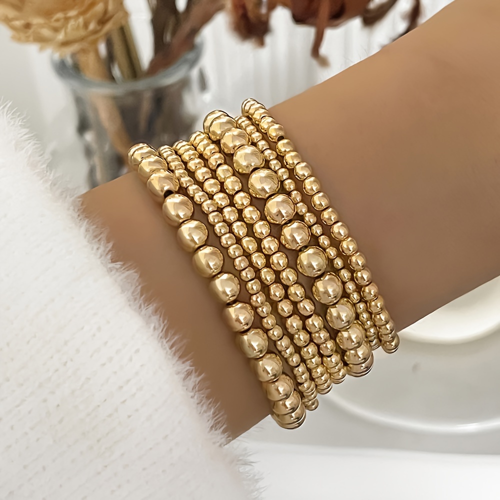 Simple Multi-Size Handmade Beaded Elastic Cord Bracelet Set, 7pcs